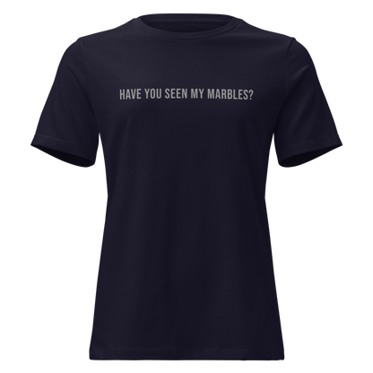 "Have you seen my marbles?" printed on a navy on an invisible / simulated body