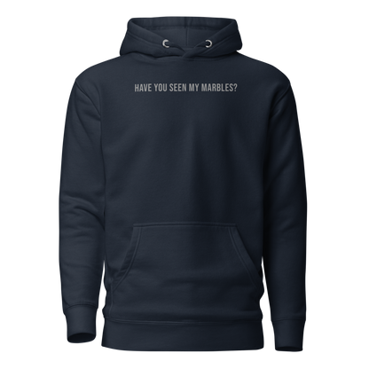 "Have you seen my marbles?" printed on a navy blazer on an invisible / simulated body
