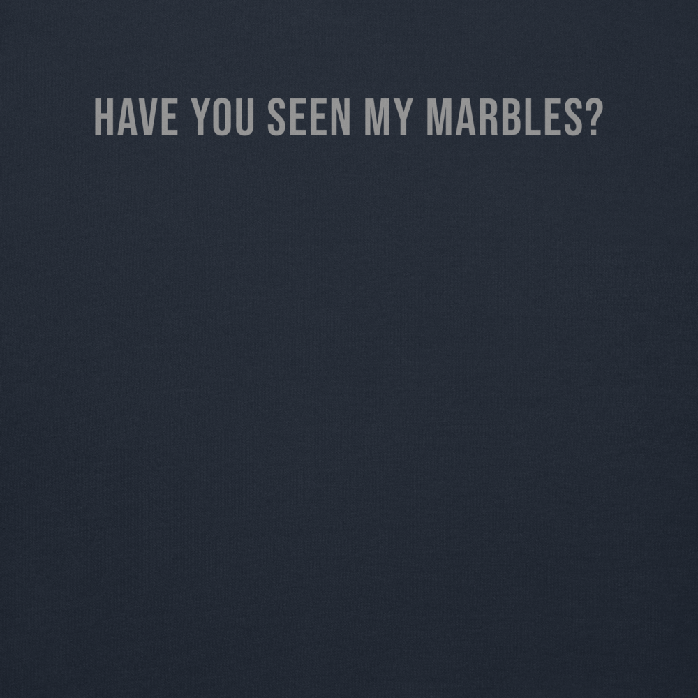 "Have you seen my marbles?" printed on a navy blazer background