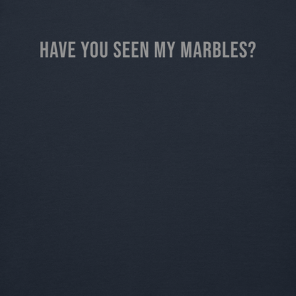 "Have you seen my marbles?" printed on a navy blazer background