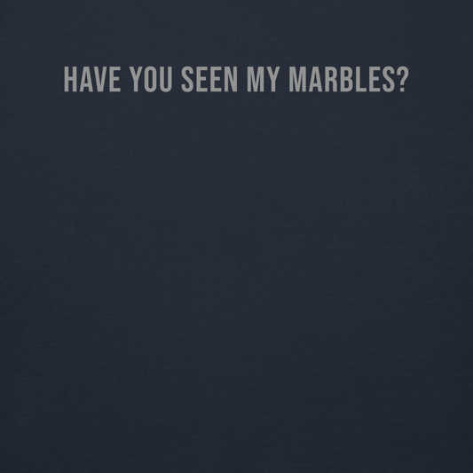 "Have you seen my marbles?" printed on a navy blazer background