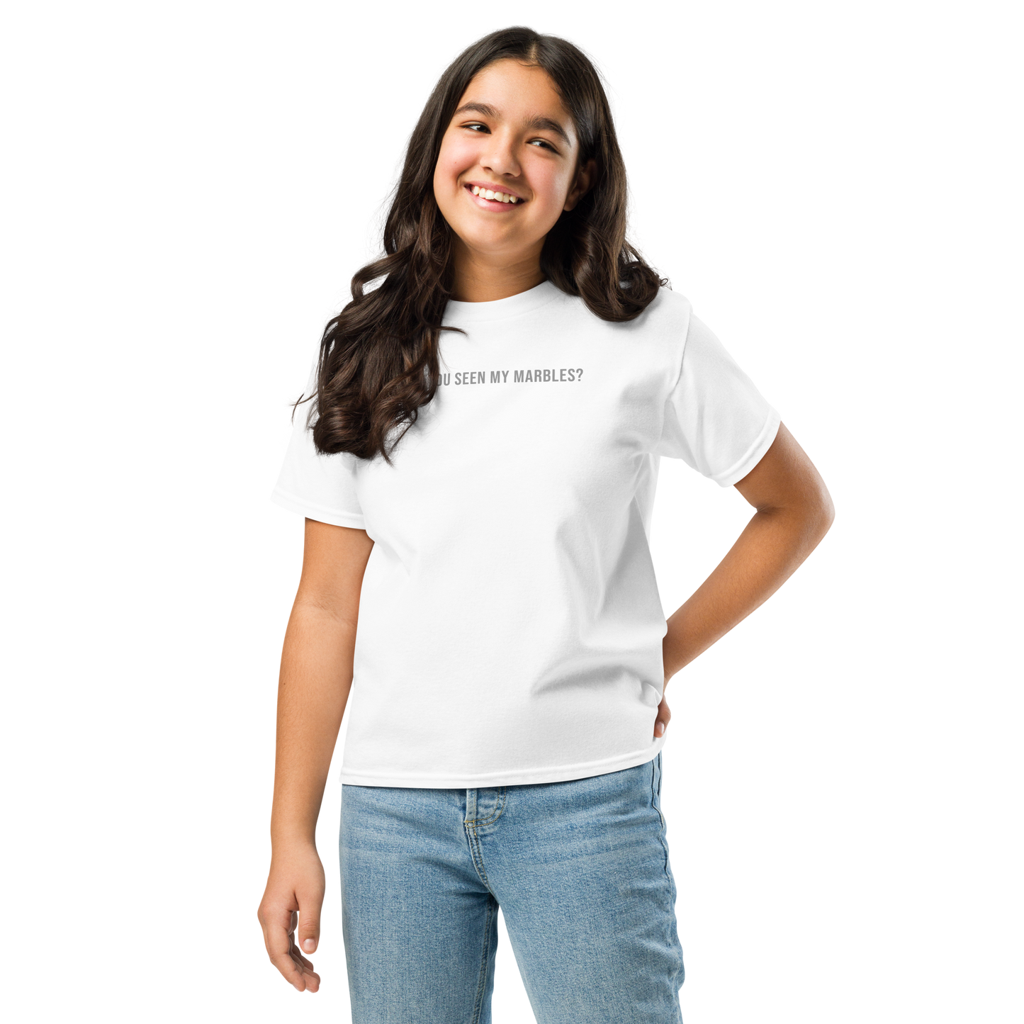 "Have you seen my marbles?" printed on a white youth classic tee worn by a female