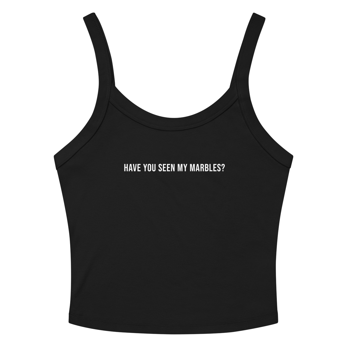 "Have you seen my marbles?" printed on a solid black blend women's micro-rib tanktop laying on a flat surface amongst sunglasses and shorts