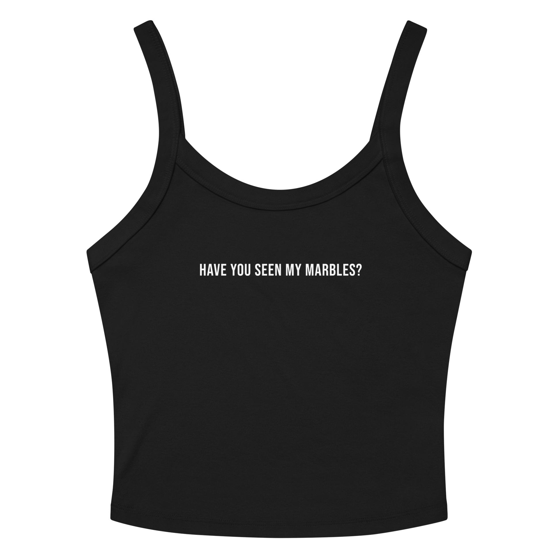 "Have you seen my marbles?" printed on a solid black blend women's micro-rib tanktop laying on a flat surface amongst sunglasses and shorts
