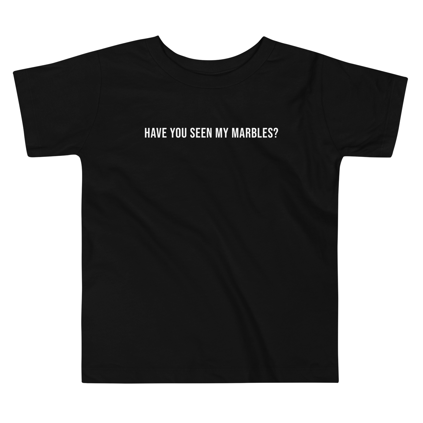 "Have you seen my marbles?" printed on a black toddler short sleeve tee laying on a flat surface