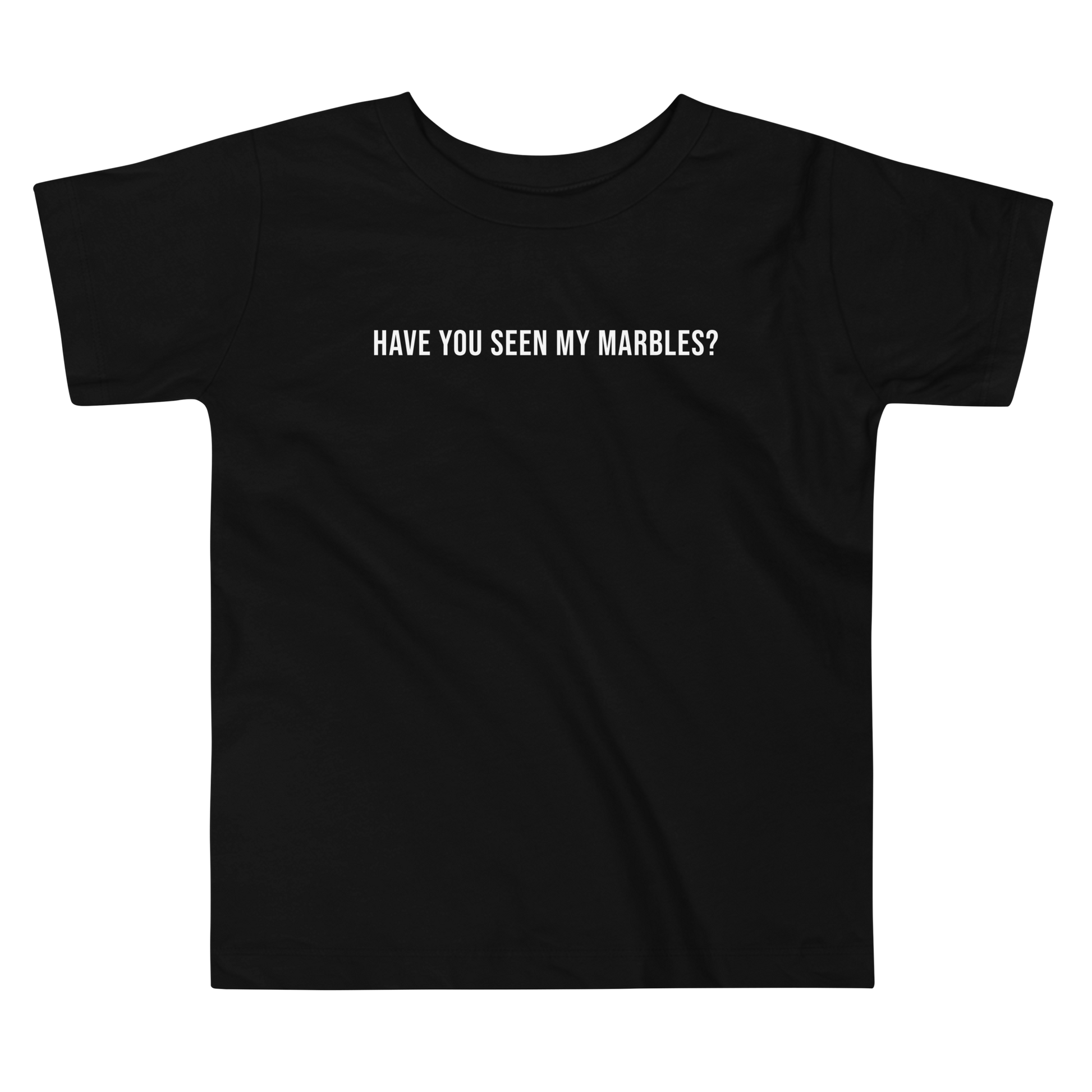 "Have you seen my marbles?" printed on a black toddler short sleeve tee laying on a flat surface