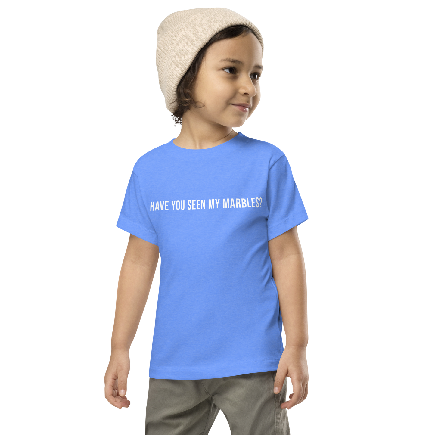 "Have you seen my marbles?" printed on a heather columbia blue toddler short sleeve tee worn by a male wearing a cap
