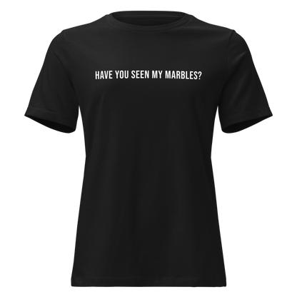 "Have you seen my marbles?" printed on a black on an invisible / simulated body