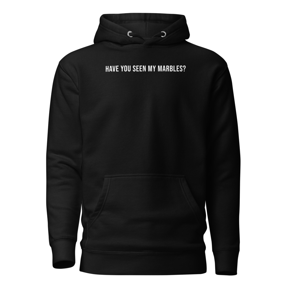 "Have you seen my marbles?" printed on a black on an invisible / simulated body