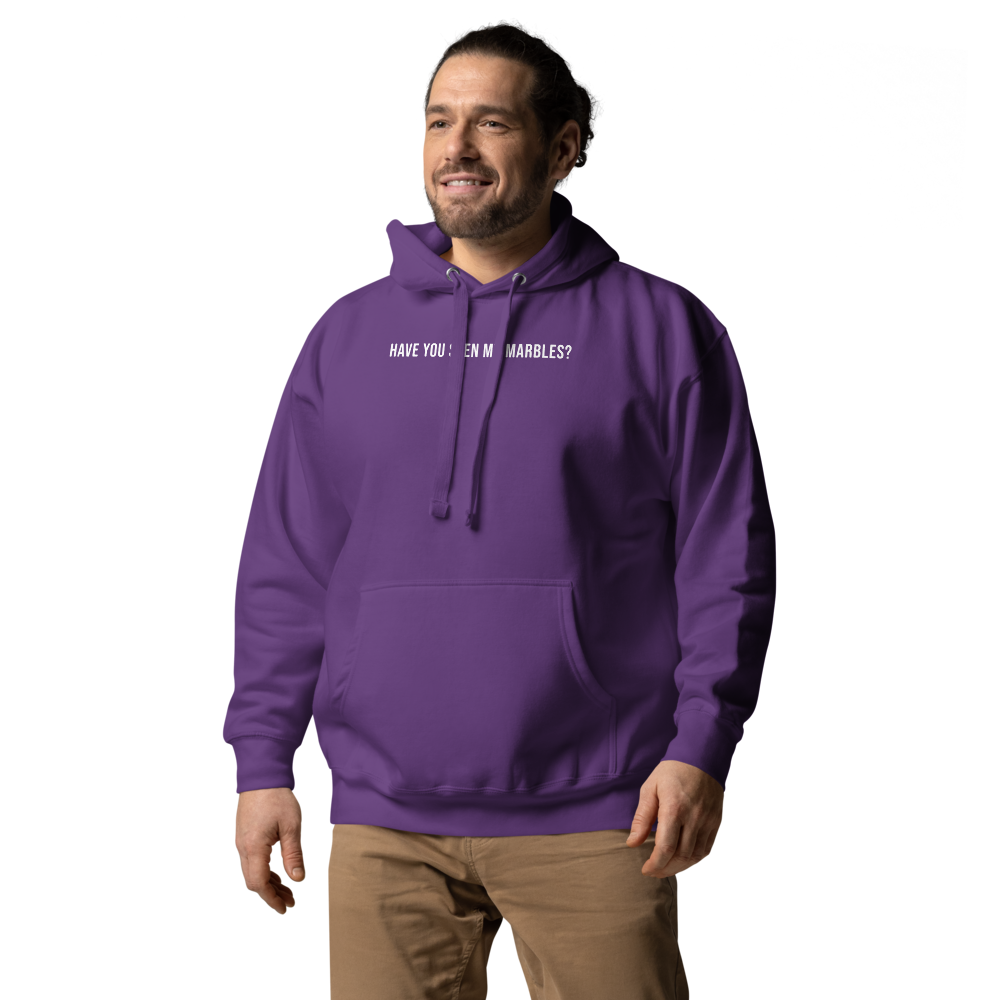 "Have you seen my marbles?" printed on a purple unisex hoodie worn by a male