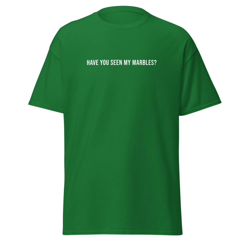 "Have you seen my marbles?" printed on a turf green on an invisible body