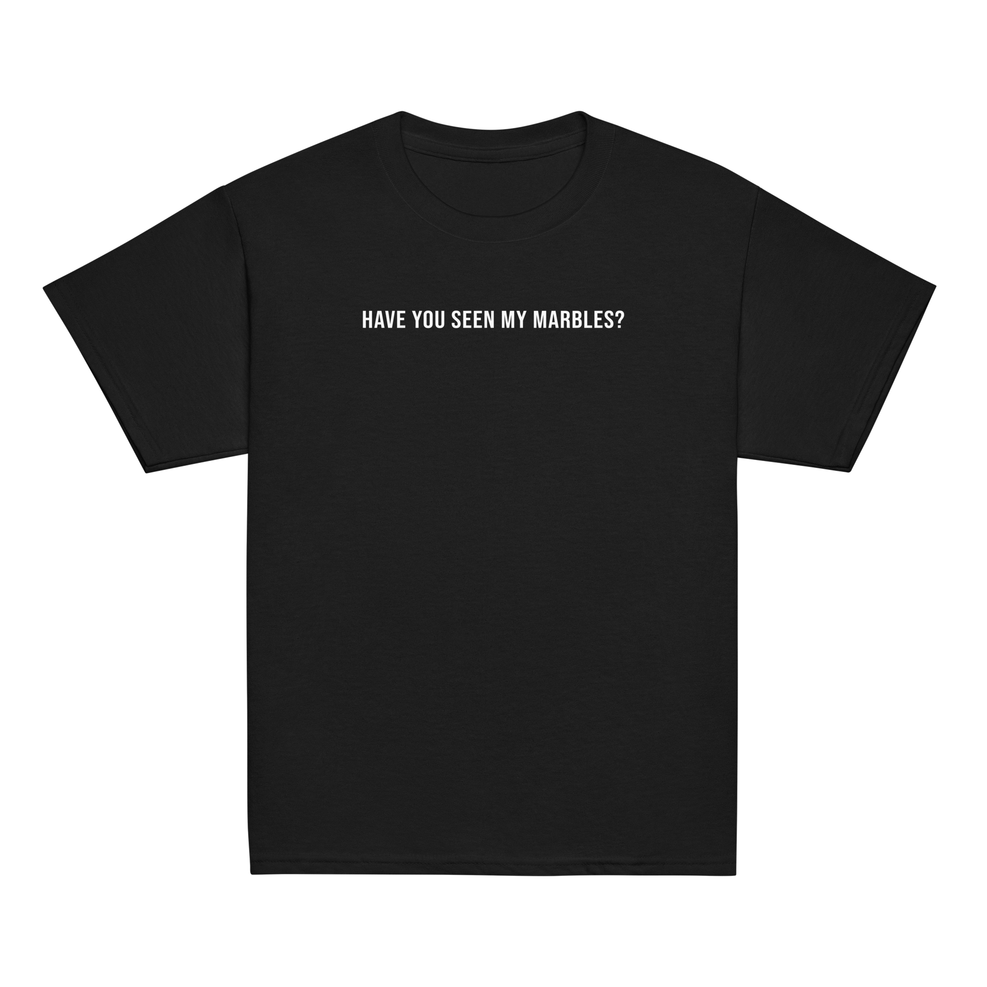 "Have you seen my marbles?" printed on a black youth classic tee laying on a flat surface