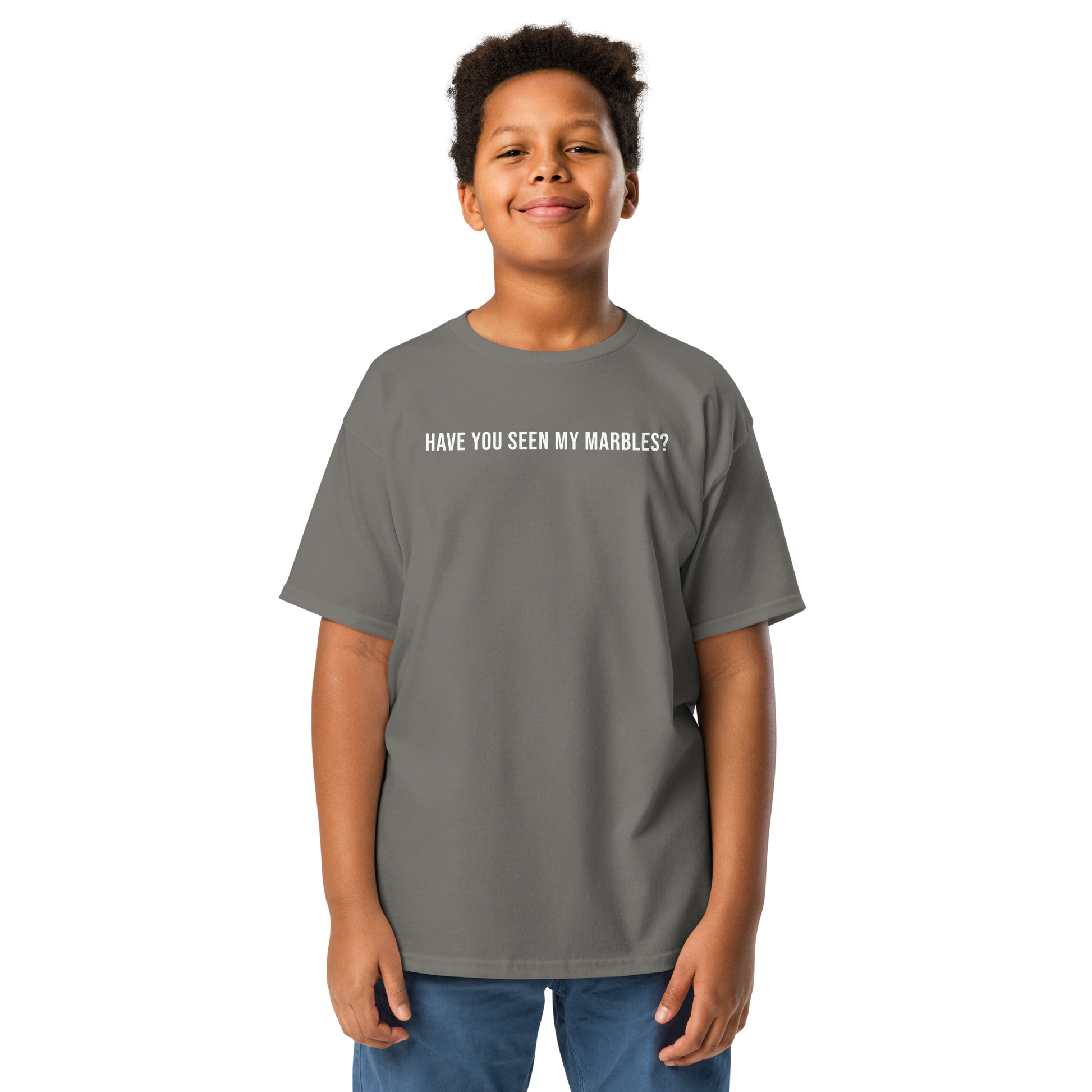 "Have you seen my marbles?" printed on a charcoal youth classic tee worn by a male