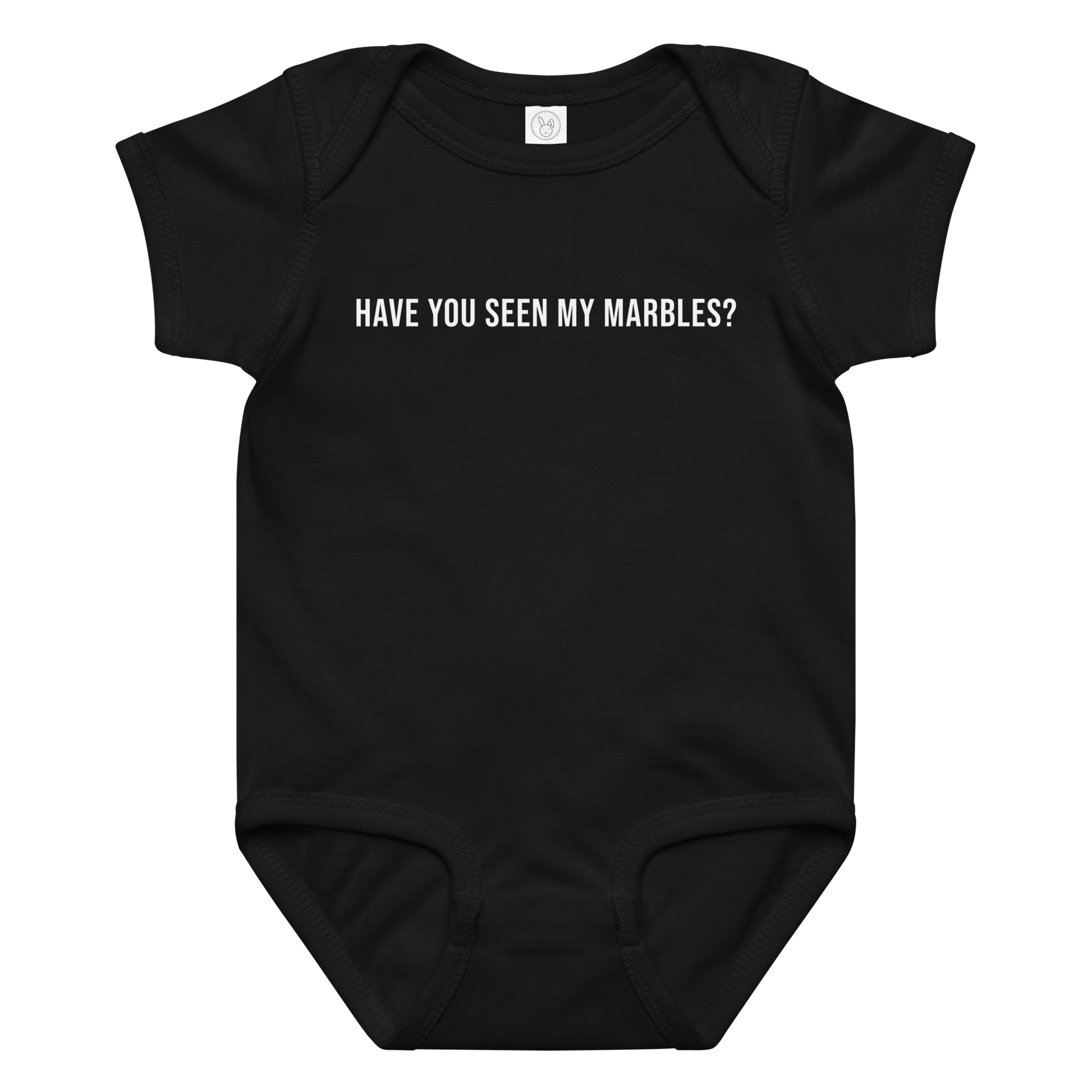 "Have you seen my marbles?" printed on a black baby jersey bodysuit laying on a flat surface amongst other clothes