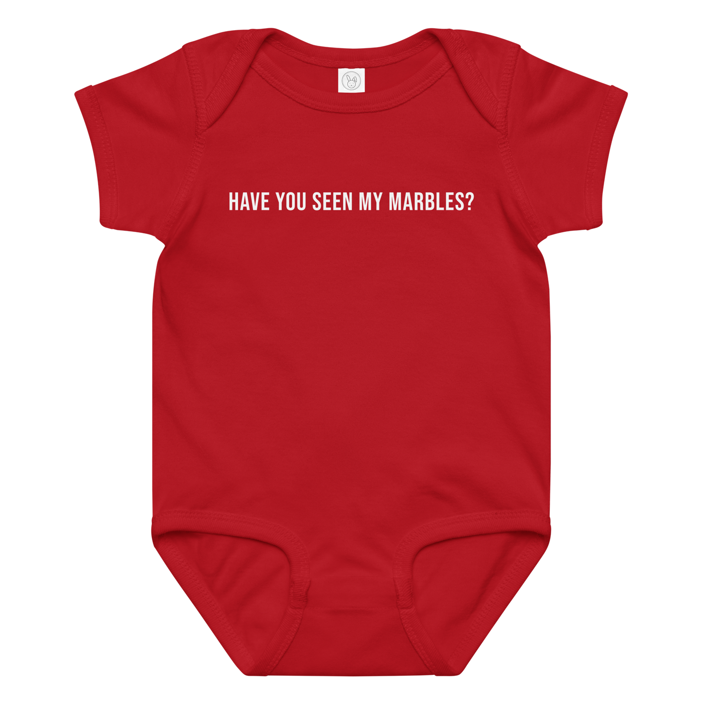 "Have you seen my marbles?" printed on a red baby jersey bodysuit laying on a flat surface amongst other clothes