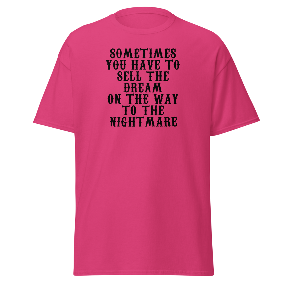 "Sometimes you have to sell the dream on the way to the nightmare" printed on a heliconia on an invisible body