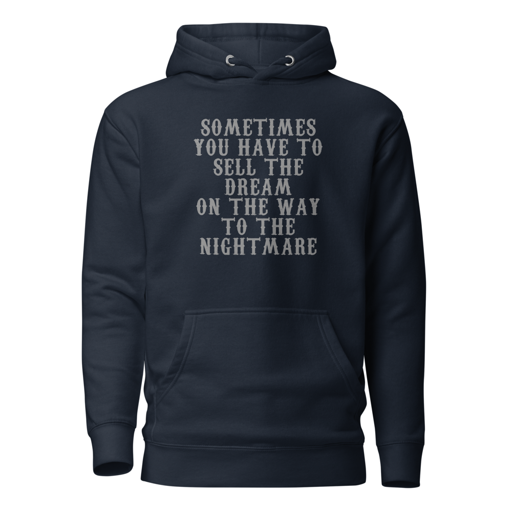 "Sometimes you have to sell the dream on the way to the nightmare" printed on a navy blazer on an invisible / simulated body