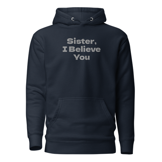 "Sister, I Believe You!" printed on a navy blazer on an invisible / simulated body