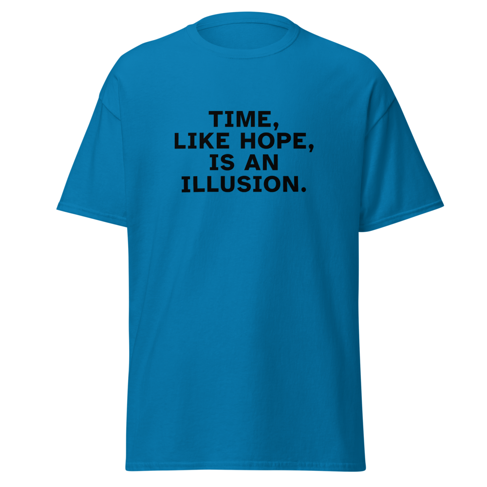 "Time, like hope, is an illusion" printed on a sapphire on an invisible body