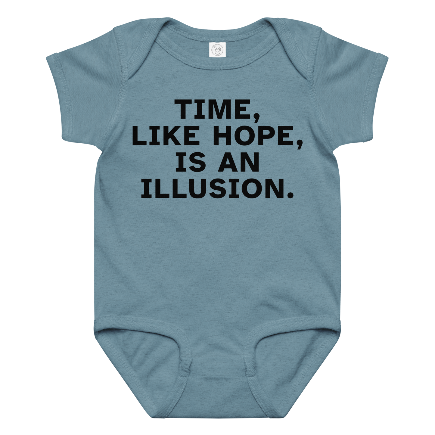 "Time, like hope, is an illusion" printed on a vintage indigo baby jersey bodysuit laying on a flat surface amongst other clothes