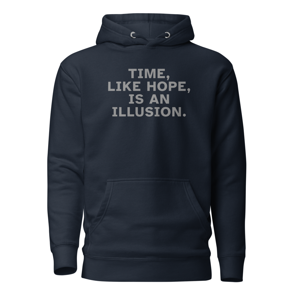 "Time, like hope, is an illusion" printed on a navy blazer on an invisible / simulated body