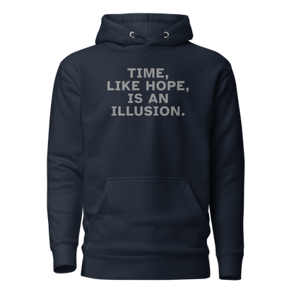 "Time, like hope, is an illusion" printed on a navy blazer on an invisible / simulated body