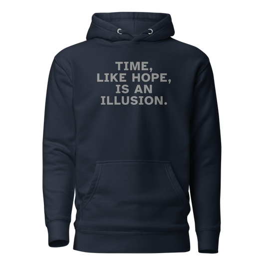 "Time, like hope, is an illusion" printed on a navy blazer on an invisible / simulated body