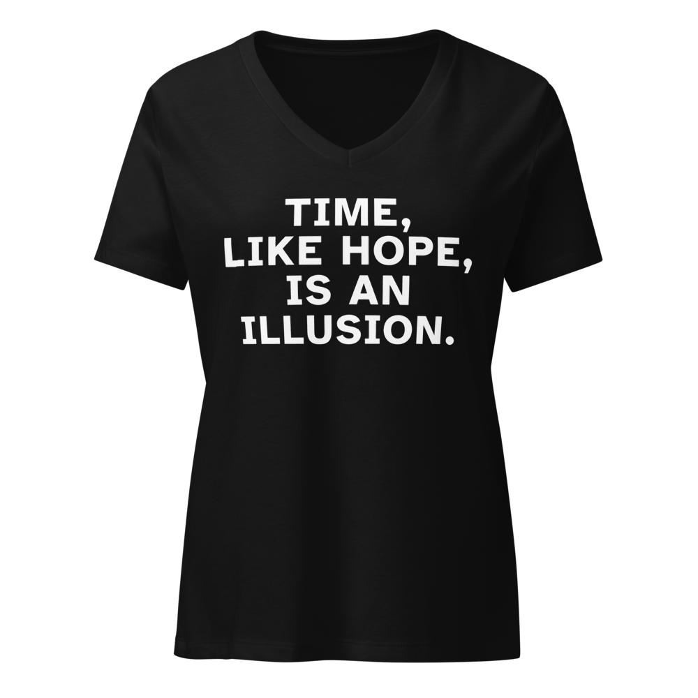 "Time, like hope, is an illusion" printed on a solid black blend on an invisible / simulated body
