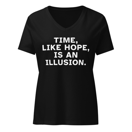 "Time, like hope, is an illusion" printed on a solid black blend on an invisible / simulated body