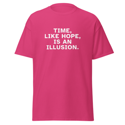 "Time, like hope, is an illusion" printed on a heliconia on an invisible body