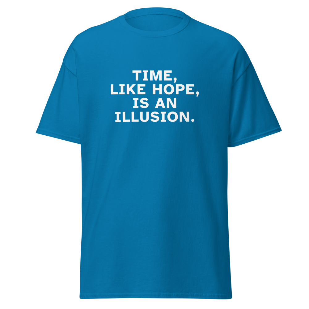 "Time, like hope, is an illusion" printed on a sapphire on an invisible body