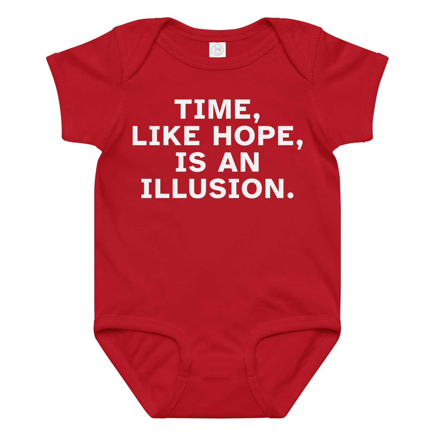 "Time, like hope, is an illusion" printed on a red baby jersey bodysuit laying on a flat surface amongst other clothes