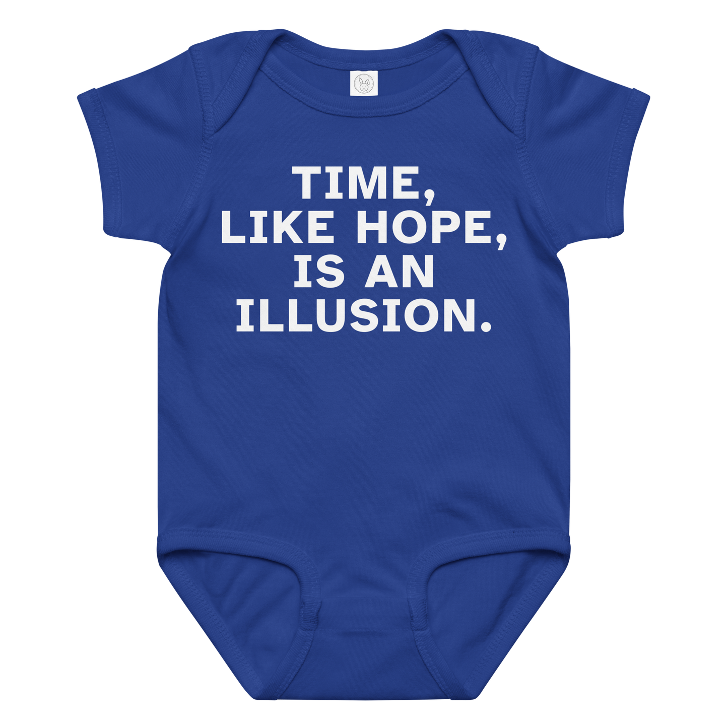 "Time, like hope, is an illusion" printed on a royal baby jersey bodysuit laying on a flat surface amongst other clothes