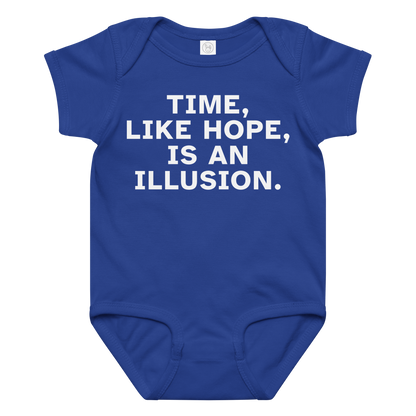 "Time, like hope, is an illusion" printed on a royal baby jersey bodysuit laying on a flat surface amongst other clothes