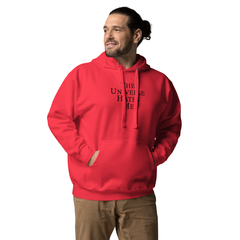 "The Universe Hates Me" printed on a team red unisex hoodie worn by a male