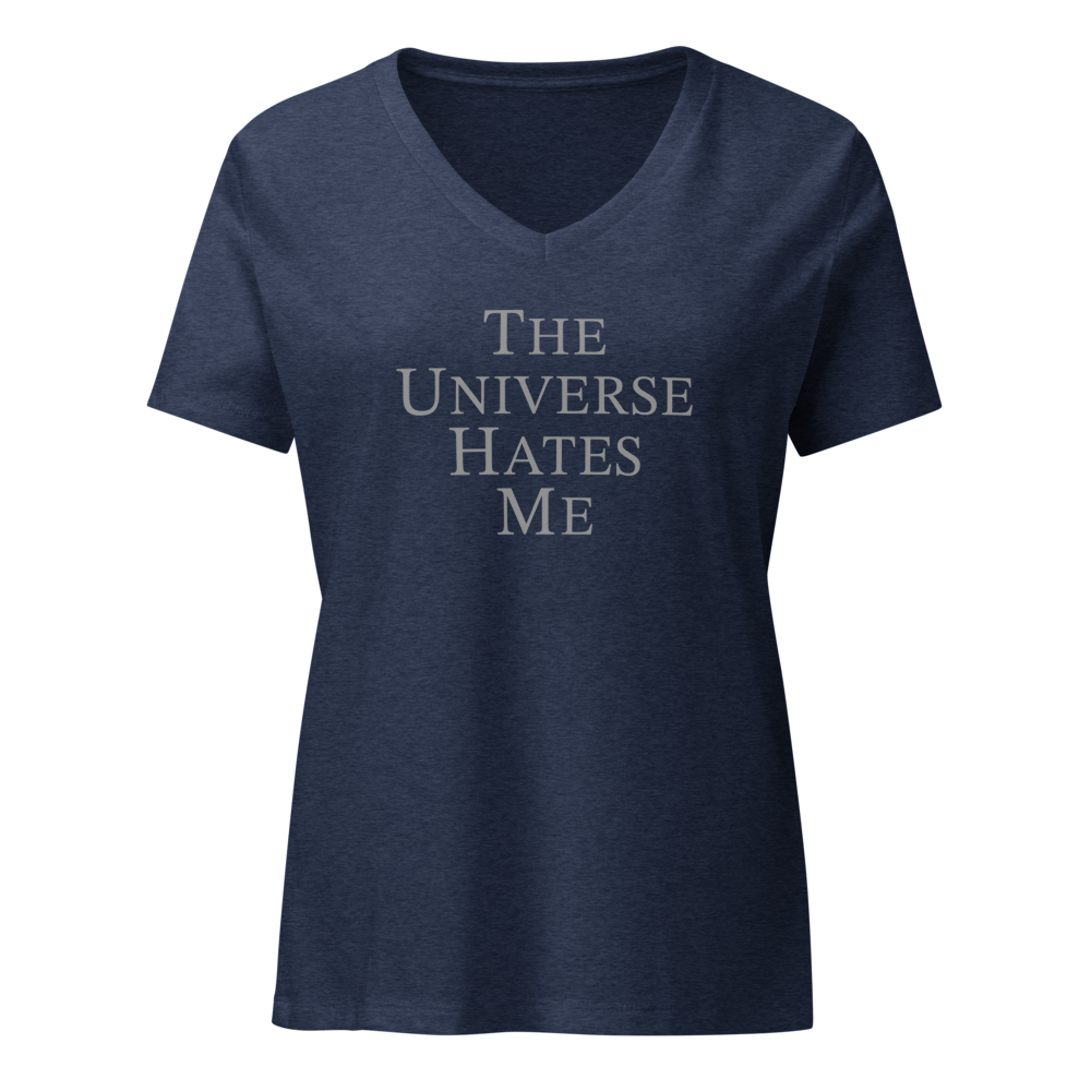 "The Universe Hates Me" printed on a heather navy on an invisible / simulated body