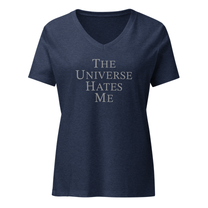 "The Universe Hates Me" printed on a heather navy on an invisible / simulated body