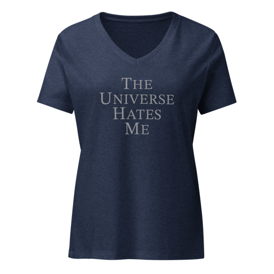 "The Universe Hates Me" printed on a heather navy on an invisible / simulated body