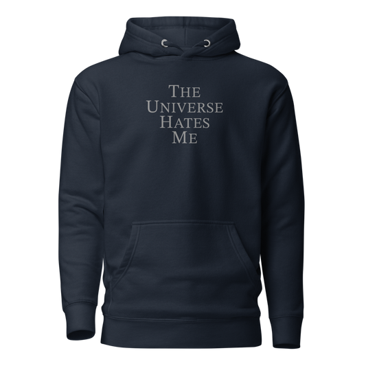 "The Universe Hates Me" printed on a navy blazer on an invisible / simulated body