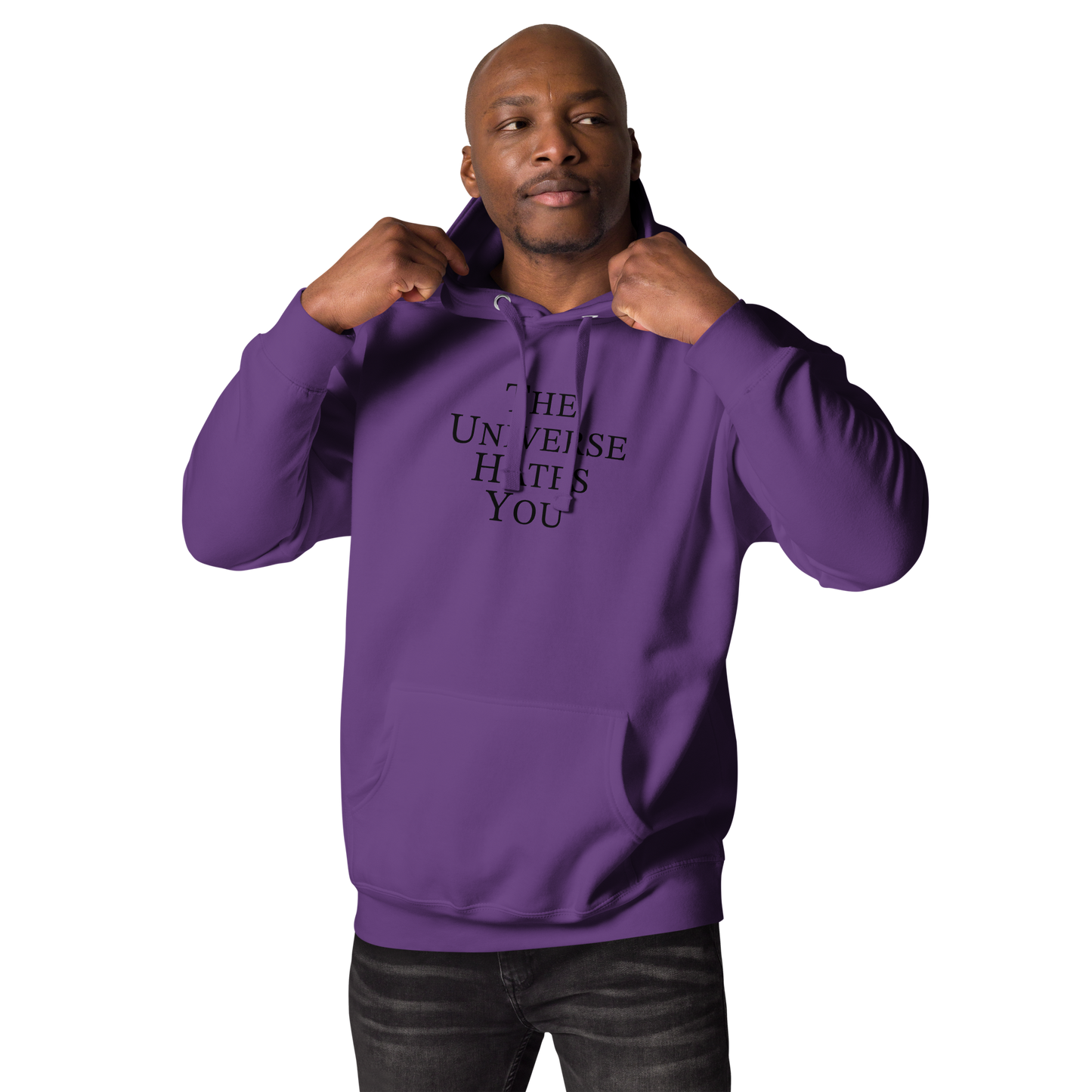 "The Universe Hates You" printed on a purple unisex hoodie worn by a male