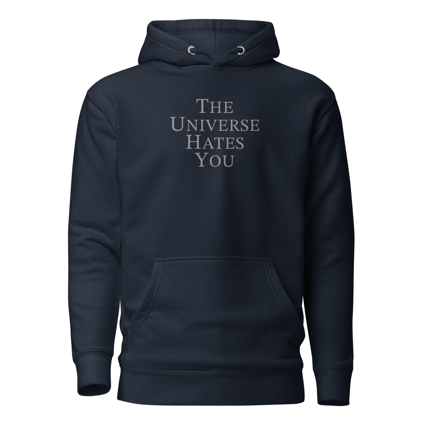 "The Universe Hates You" printed on a navy blazer on an invisible / simulated body
