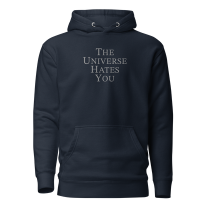 "The Universe Hates You" printed on a navy blazer on an invisible / simulated body
