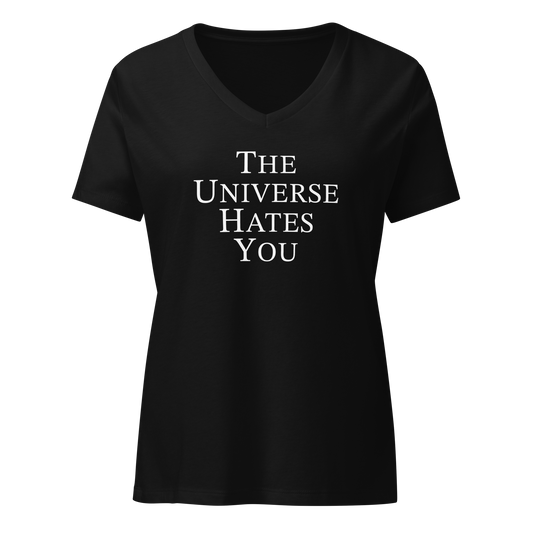 "The Universe Hates You" printed on a solid black blend on an invisible / simulated body