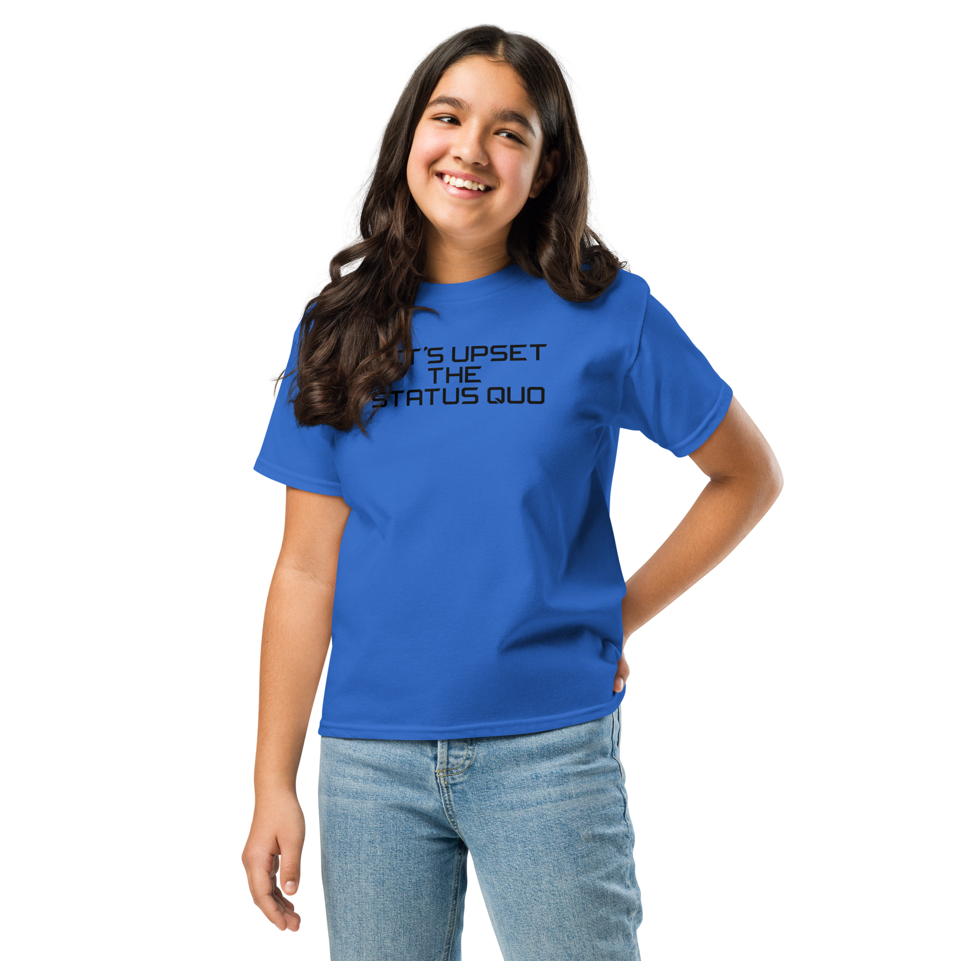 "Let's upset the status quo!" printed on a royal youth classic tee worn by a female