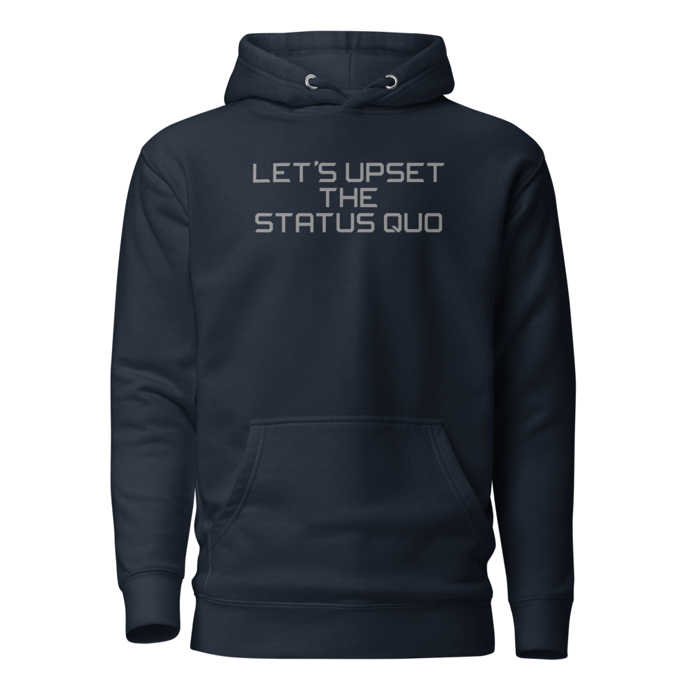 "Let's upset the status quo!" printed on a navy blazer on an invisible / simulated body
