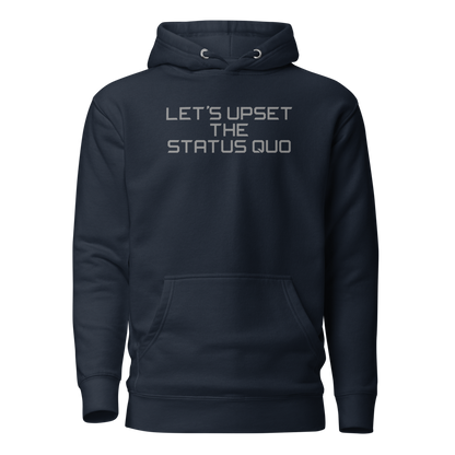 "Let's upset the status quo!" printed on a navy blazer on an invisible / simulated body