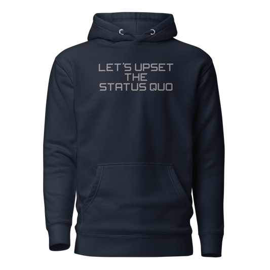 "Let's upset the status quo!" printed on a navy blazer on an invisible / simulated body