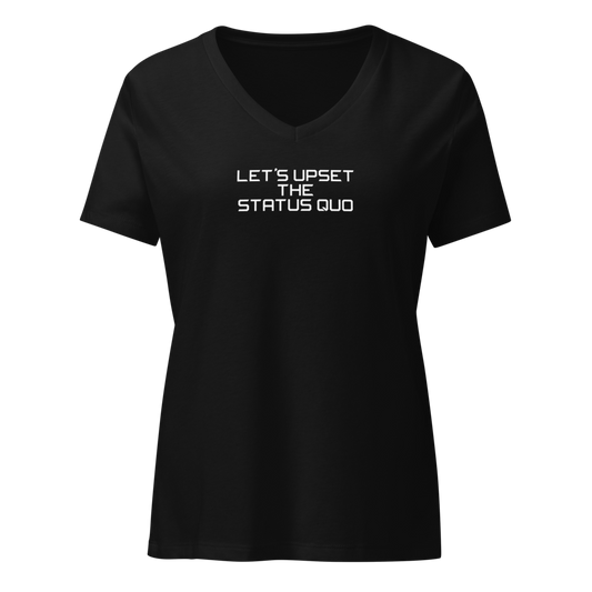 "Let's upset the status quo!" printed on a solid black blend on an invisible / simulated body