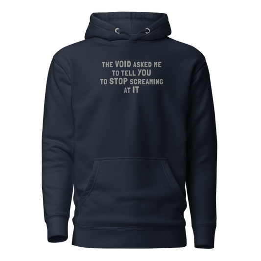 "The Void asked me to tell you to stop screaming at it" printed on a navy blazer on an invisible / simulated body