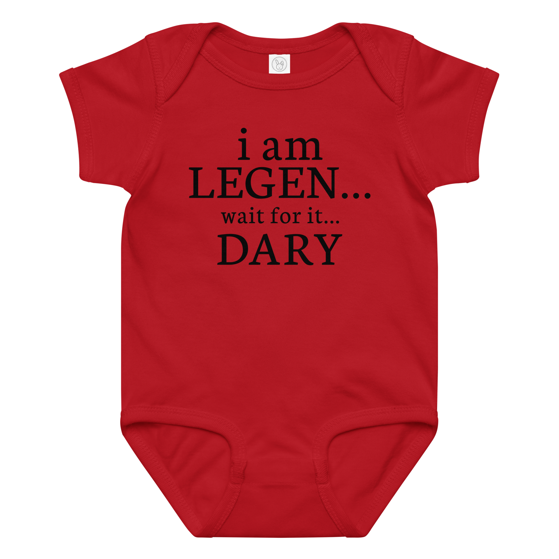 "I Am Legen... Wait For It... Dary" printed on a red baby jersey bodysuit laying on a flat surface amongst other clothes